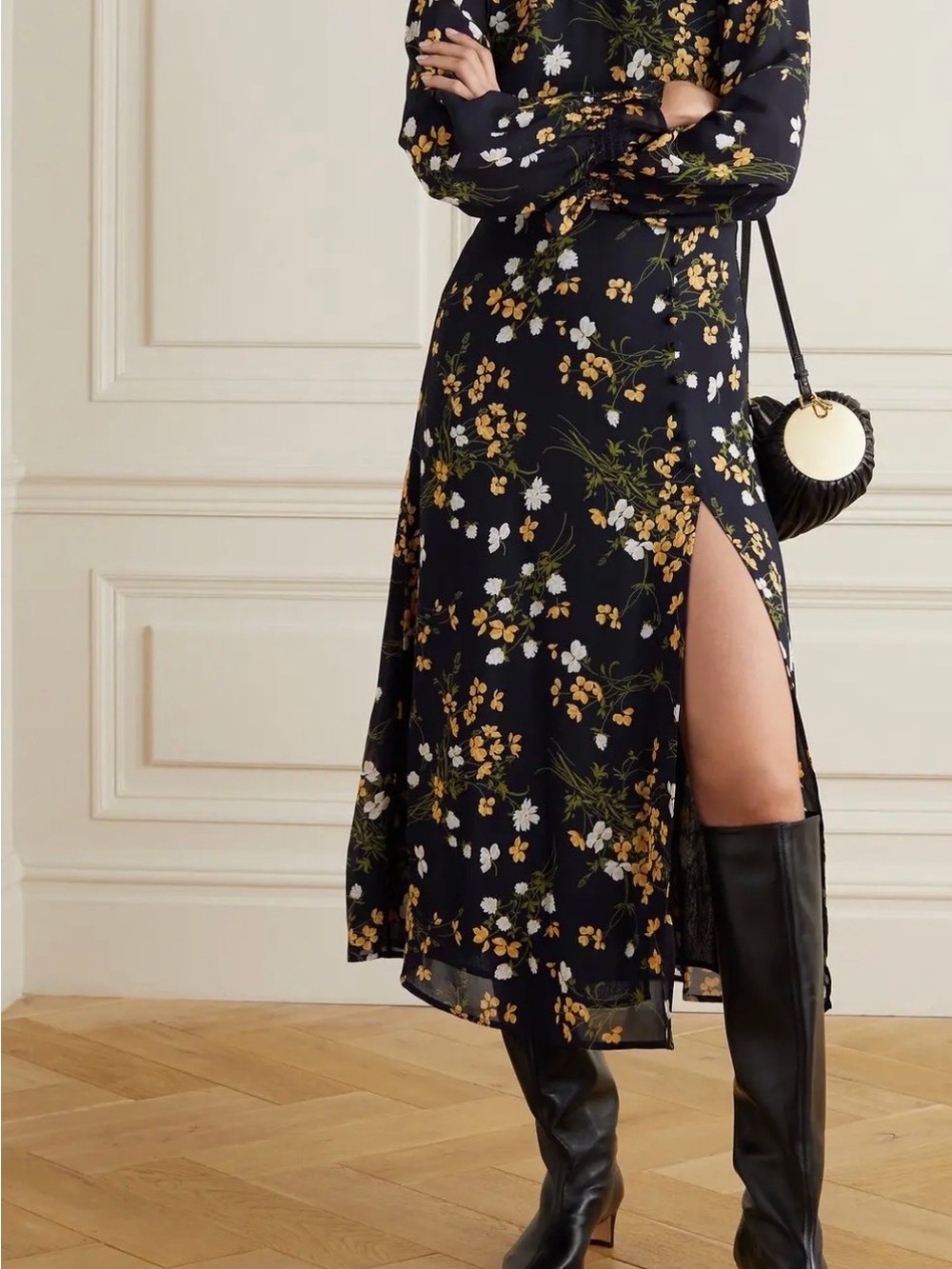 Reformation Black Midi Dress with Yellow & White Floral Print